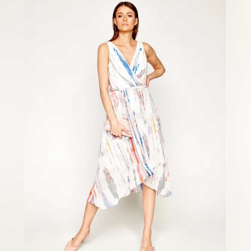 DKNY Watercolor Chiffon V Neck Faux Wrap Dress — Never Worn!